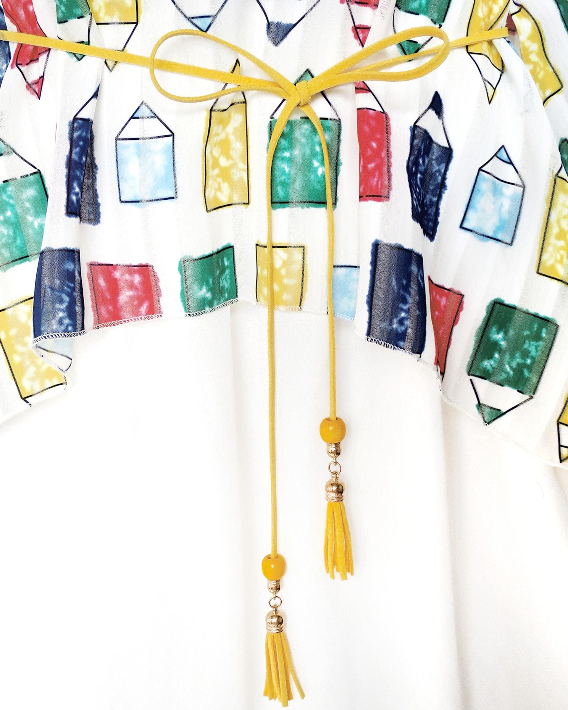 Girls Sleeveless Chiffon Dress Colorful Pencil Print with Yellow Tassel Belt Summer Casual Dresses Multi-Color
