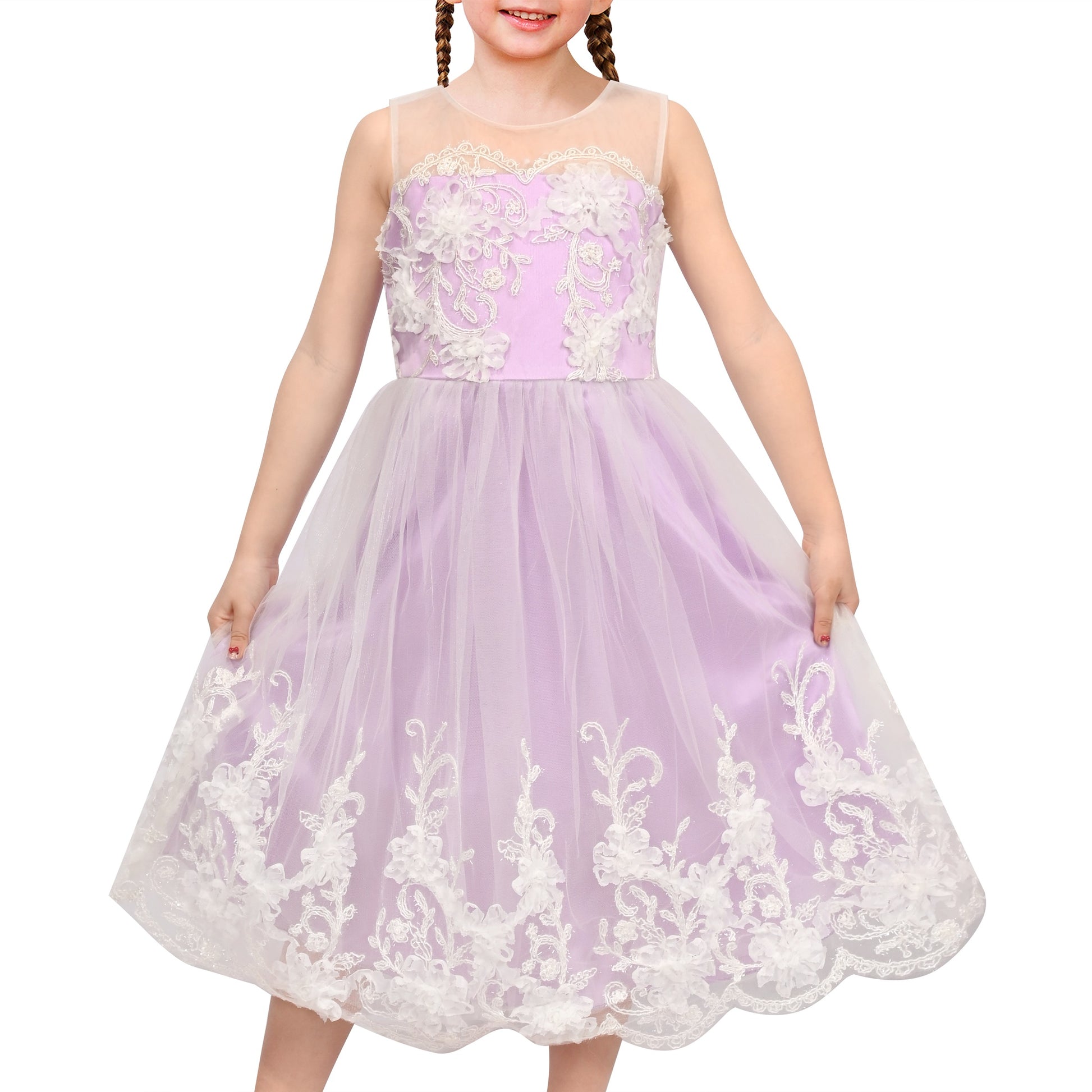 Girls Flower Applique Dress White and Blue Sleeveless Tea Length with Tulle Skirt Party Wedding Flower Girl Dress Purple