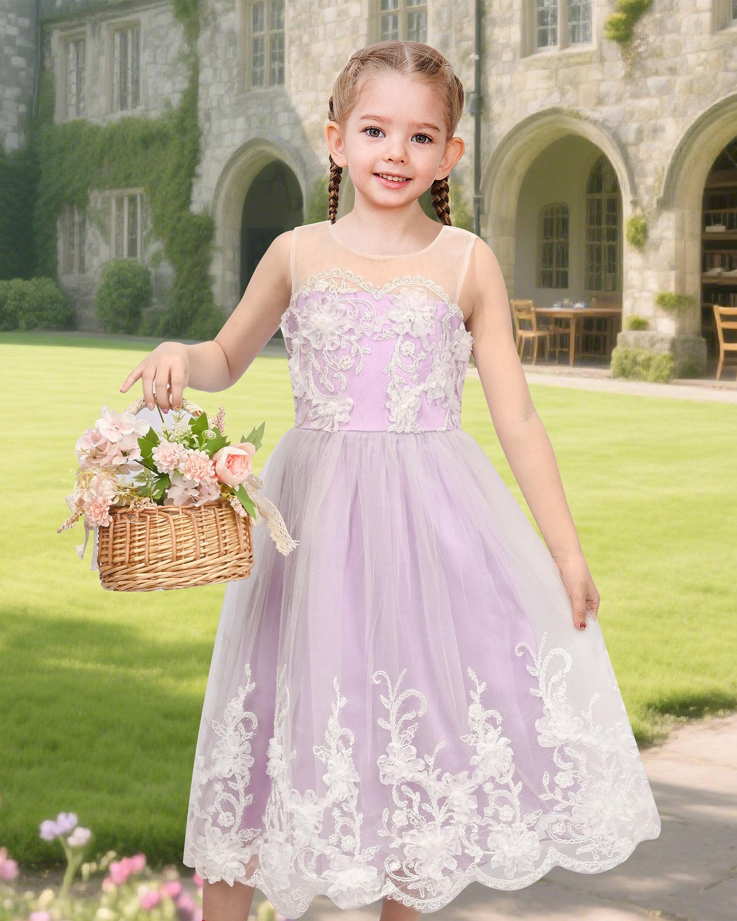 Girls Flower Applique Dress White and Blue Sleeveless Tea Length with Tulle Skirt Party Wedding Flower Girl Dress Purple