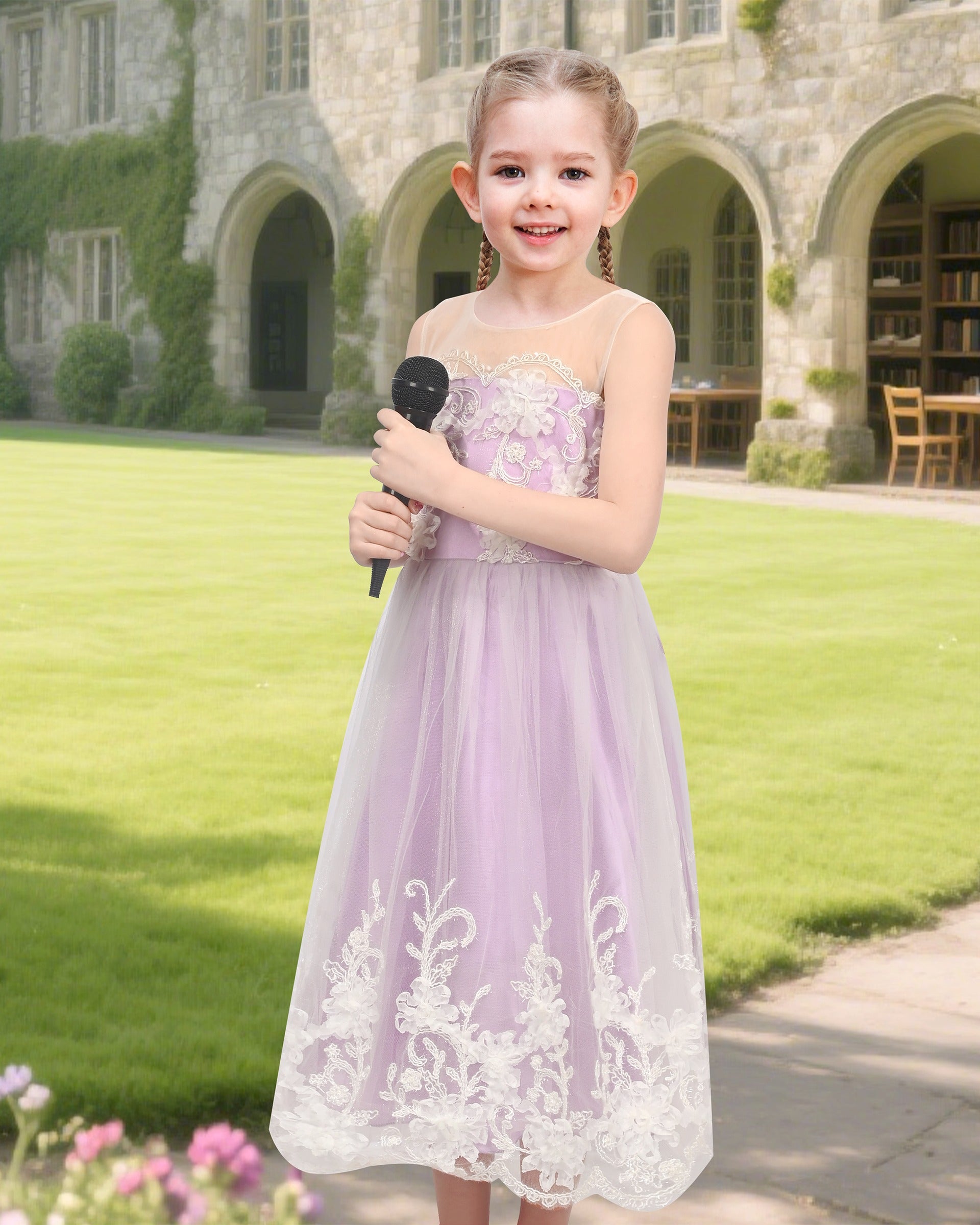 Girls Flower Applique Dress White and Blue Sleeveless Tea Length with Tulle Skirt Party Wedding Flower Girl Dress Purple