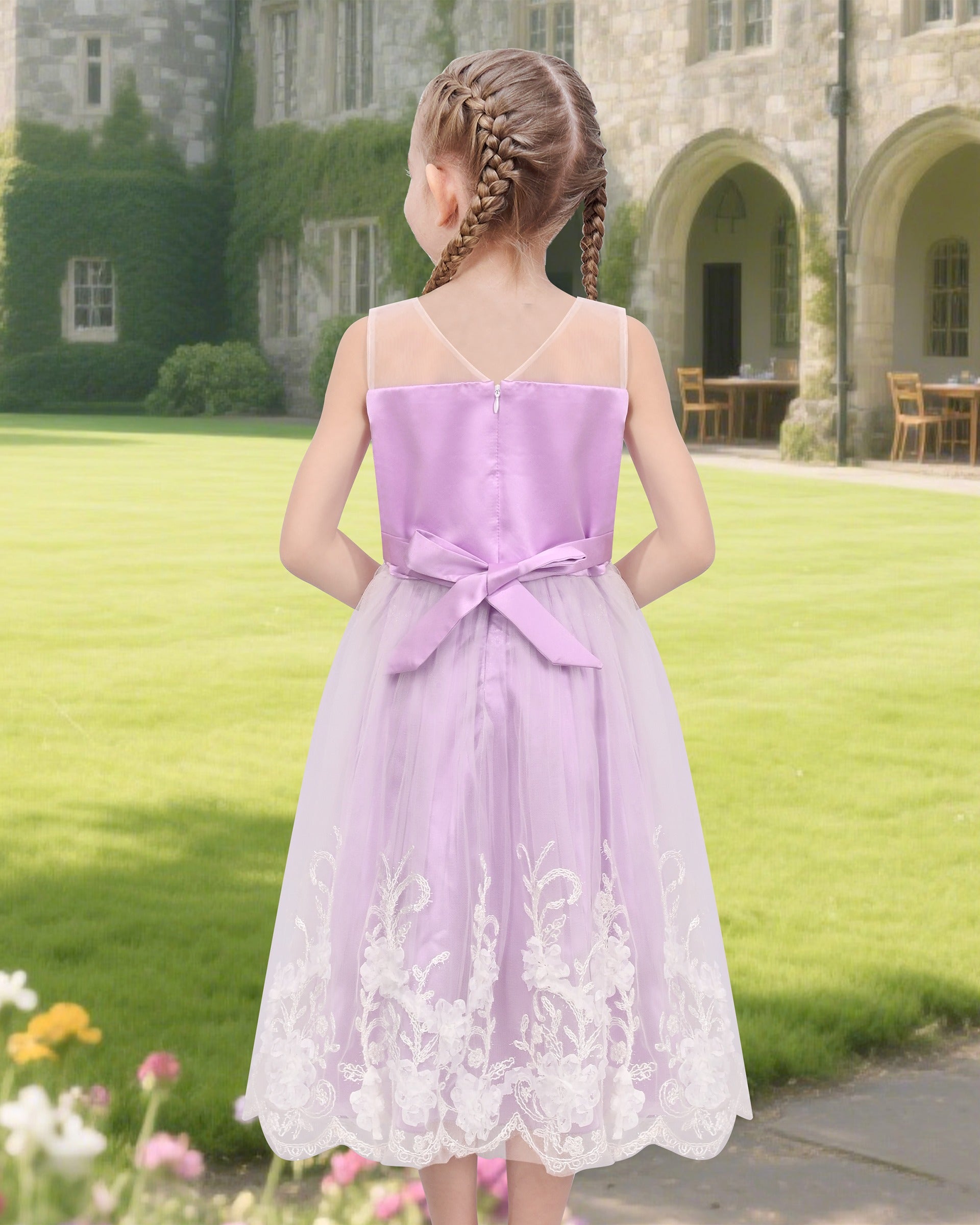Girls Flower Applique Dress White and Blue Sleeveless Tea Length with Tulle Skirt Party Wedding Flower Girl Dress Purple