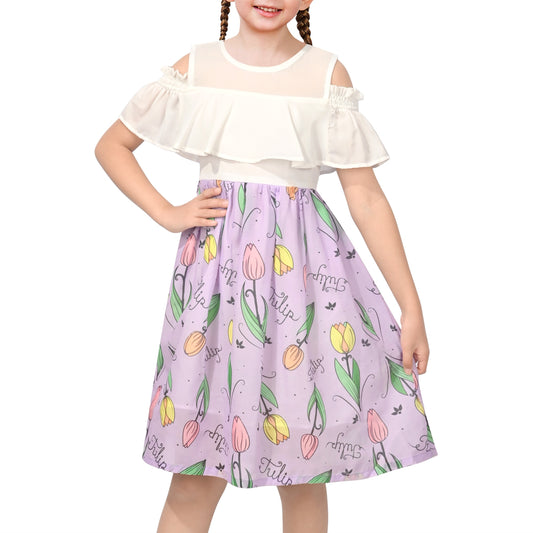Girls Cold Shoulder Dress Chiffon Ruffle Sleeves White and Purple Tulip Floral Print Purple