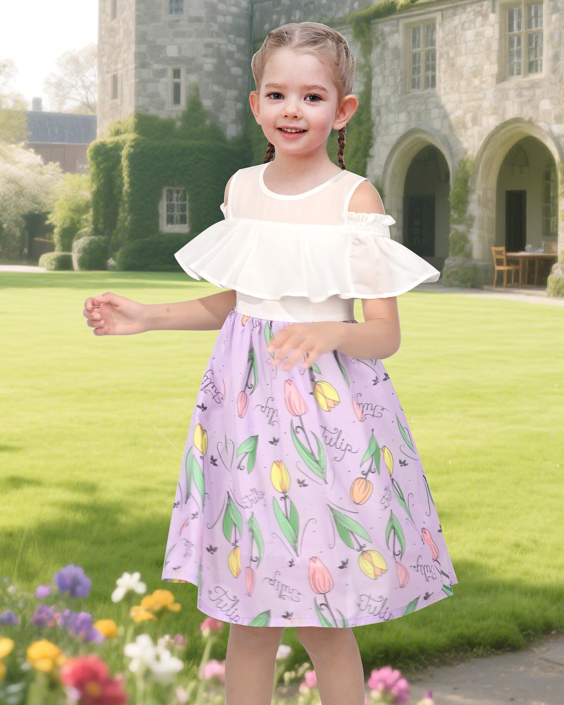 Girls Cold Shoulder Dress Chiffon Ruffle Sleeves White and Purple Tulip Floral Print Purple