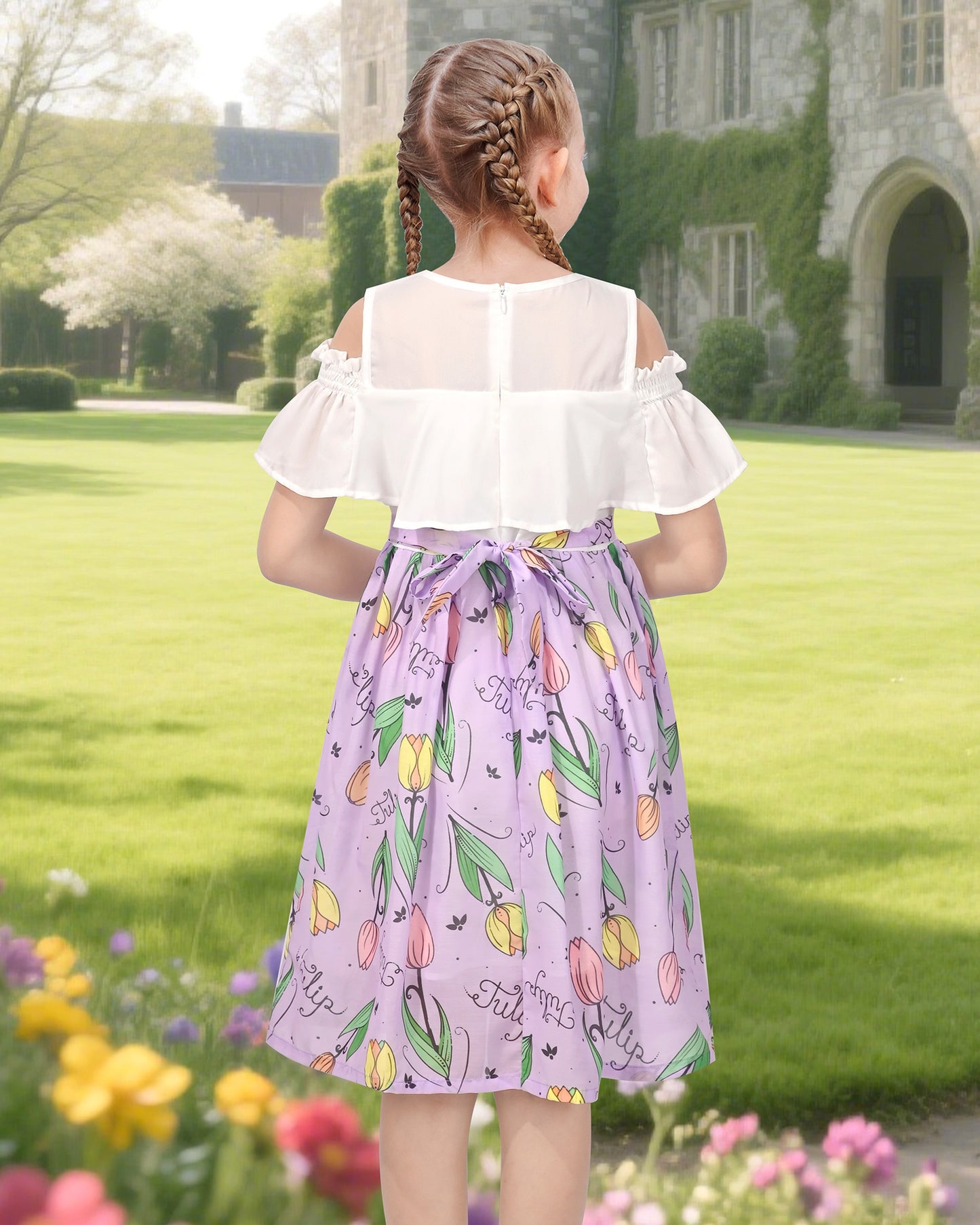 Girls Cold Shoulder Dress Chiffon Ruffle Sleeves White and Purple Tulip Floral Print Purple