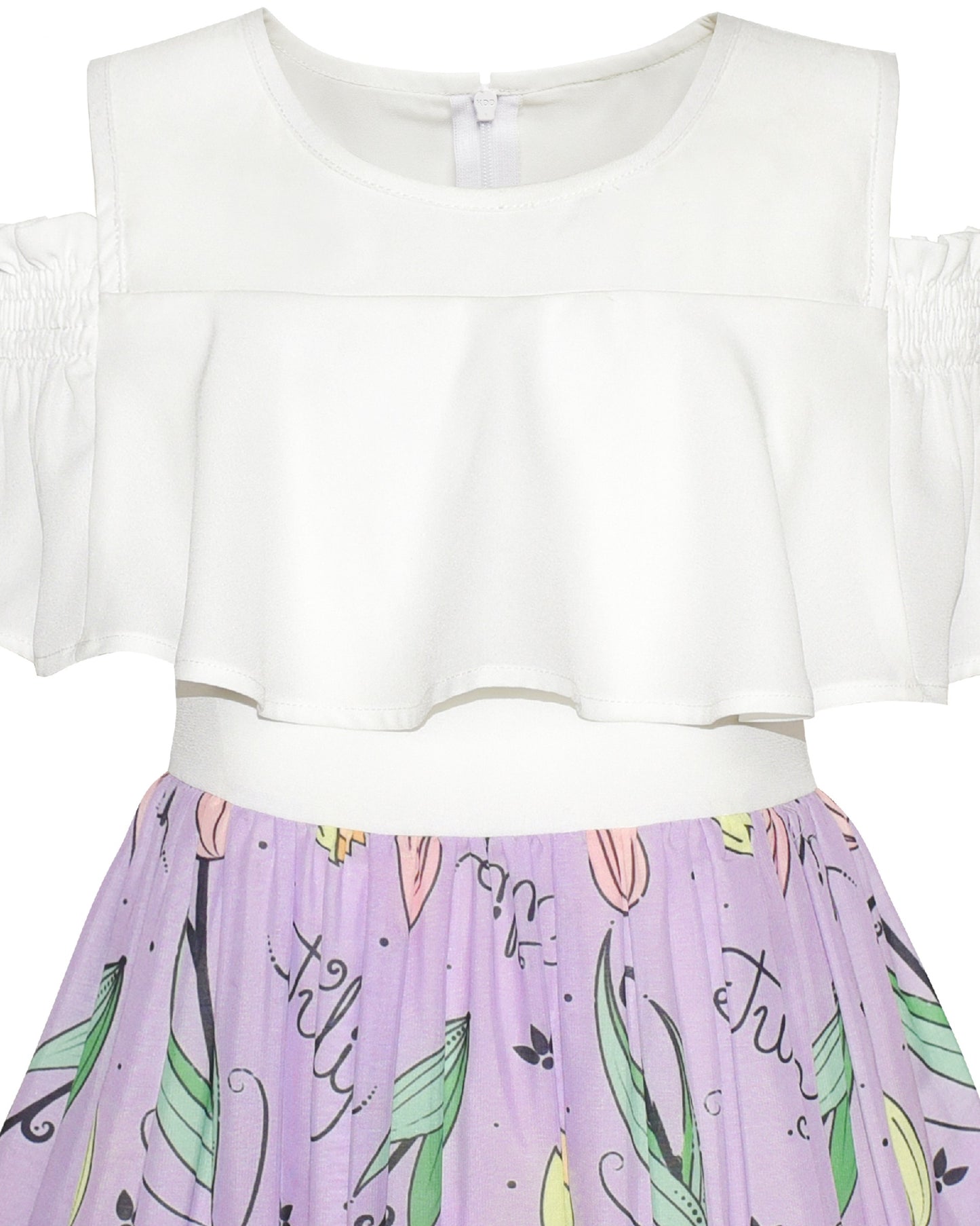 Girls Cold Shoulder Dress Chiffon Ruffle Sleeves White and Purple Tulip Floral Print Purple