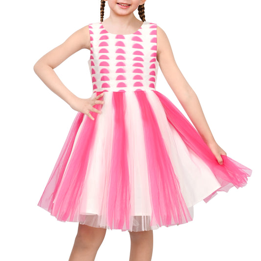 Girls Dress Sleeveless Pleated Tulle Geometric Pattern Party Wedding Casual Dress Red