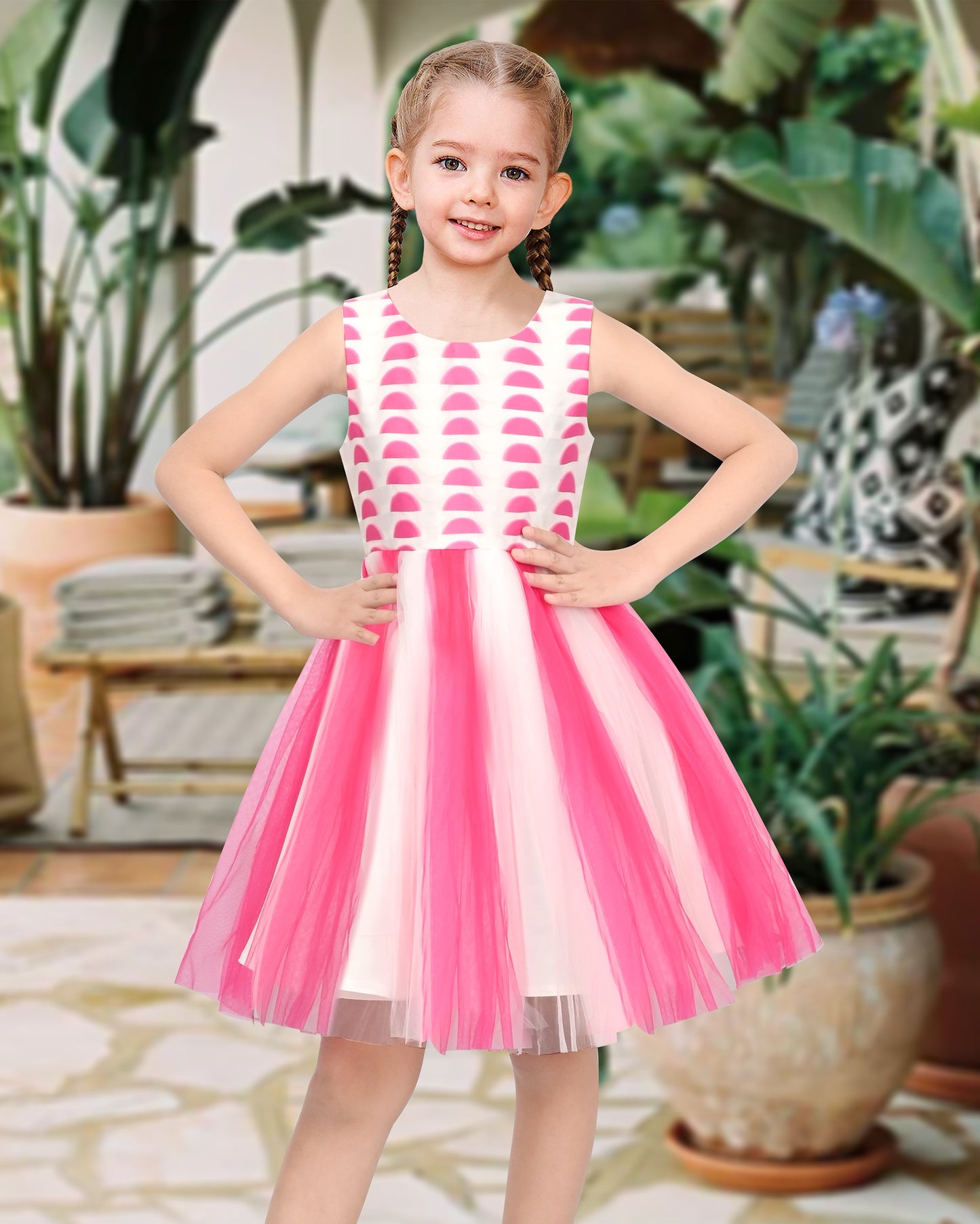 Girls Dress Sleeveless Pleated Tulle Geometric Pattern Party Wedding Casual Dress Red