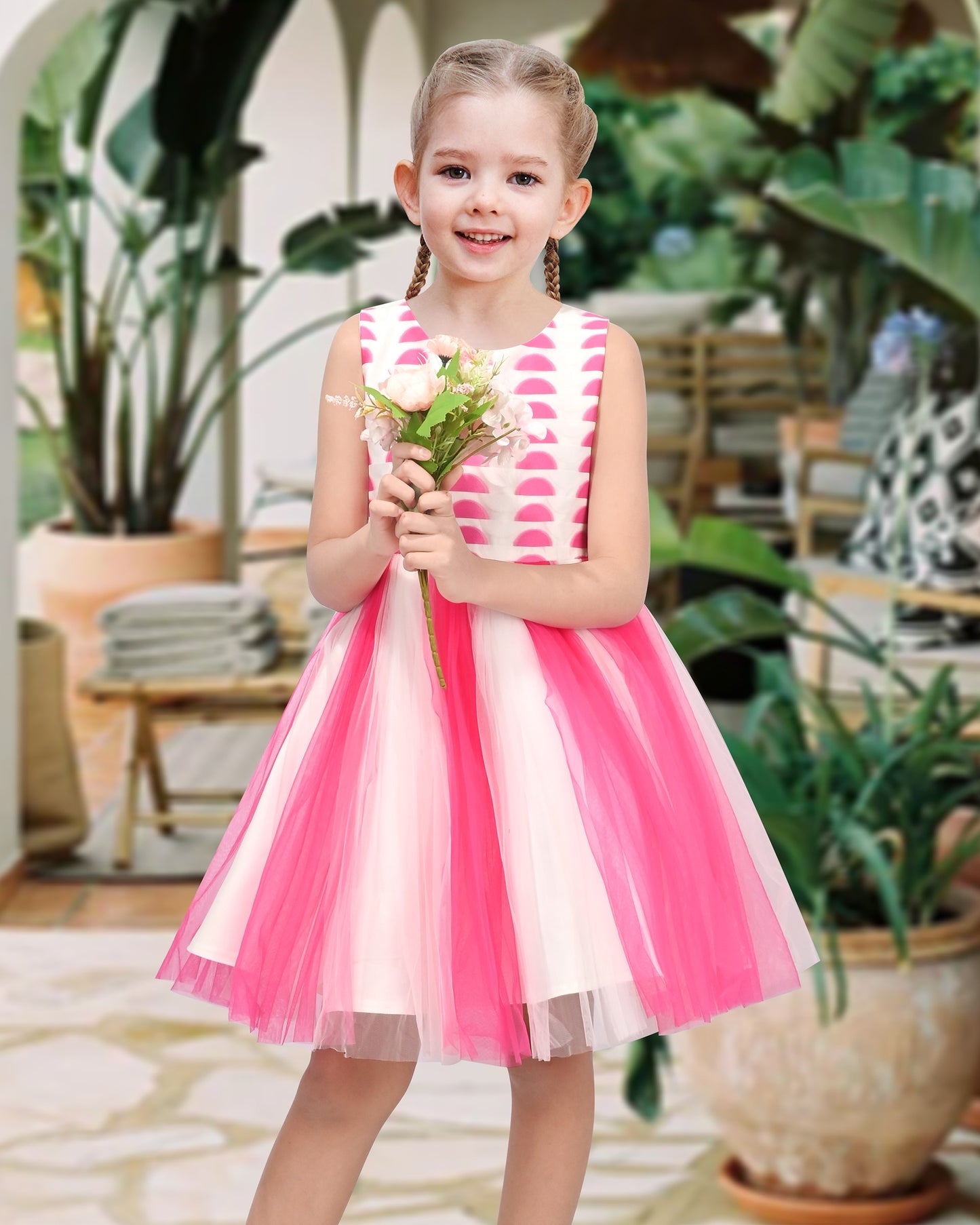Girls Dress Sleeveless Pleated Tulle Geometric Pattern Party Wedding Casual Dress Red