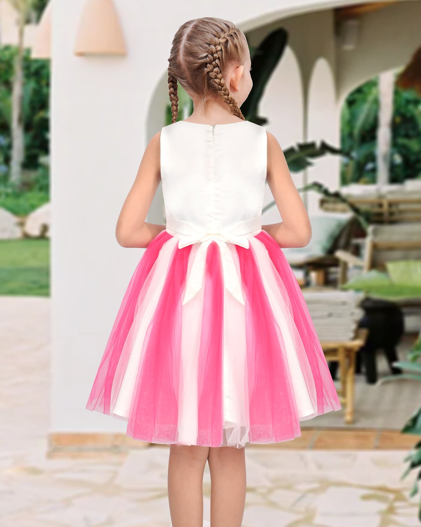 Girls Dress Sleeveless Pleated Tulle Geometric Pattern Party Wedding Casual Dress Red