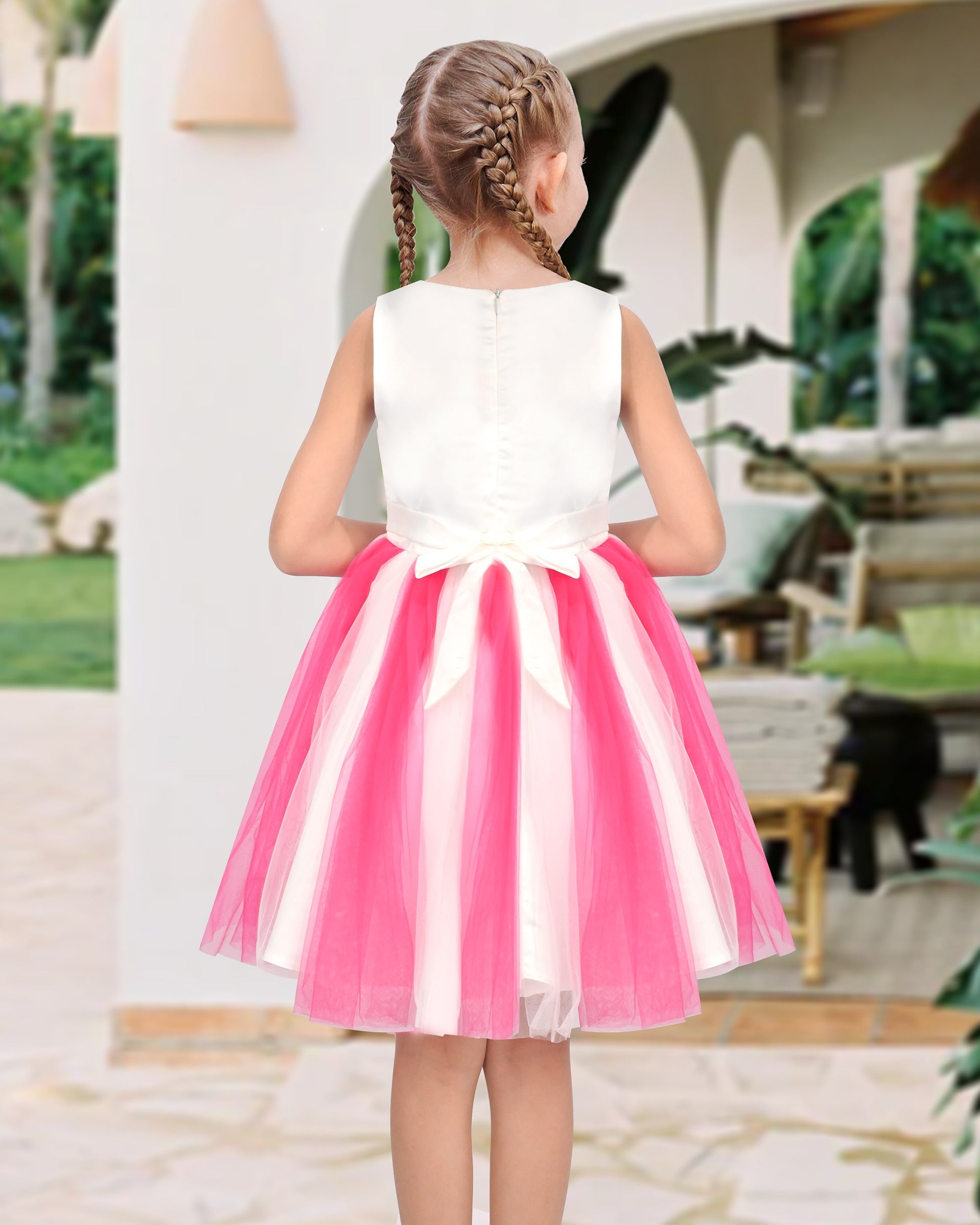 Girls Dress Sleeveless Pleated Tulle Geometric Pattern Party Wedding Casual Dress Red