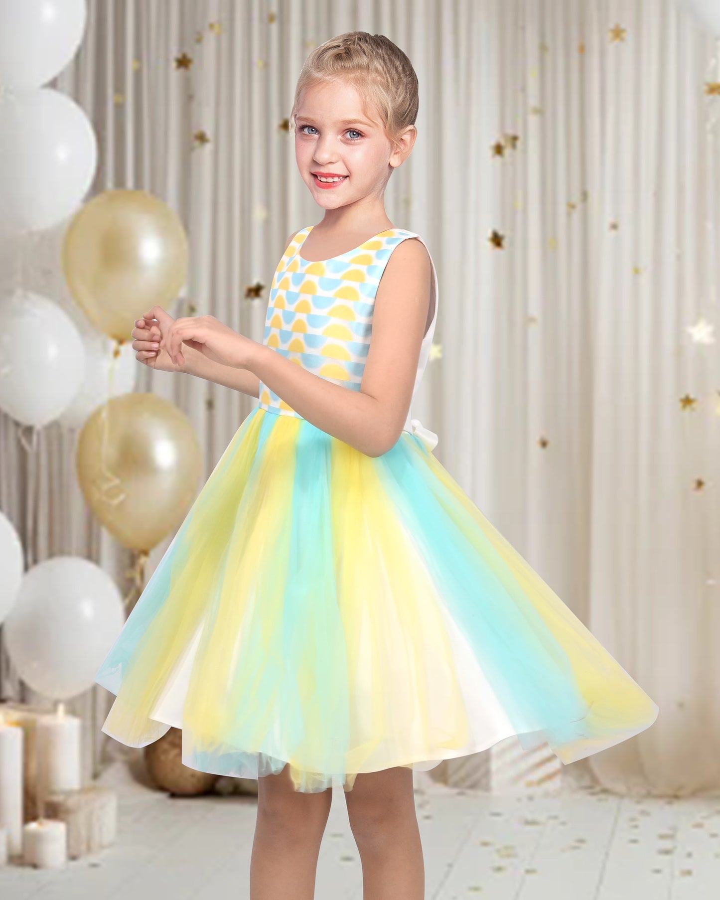 Girls Dress Sleeveless Pleated Tulle Geometric Pattern Party Wedding Casual Dress Green