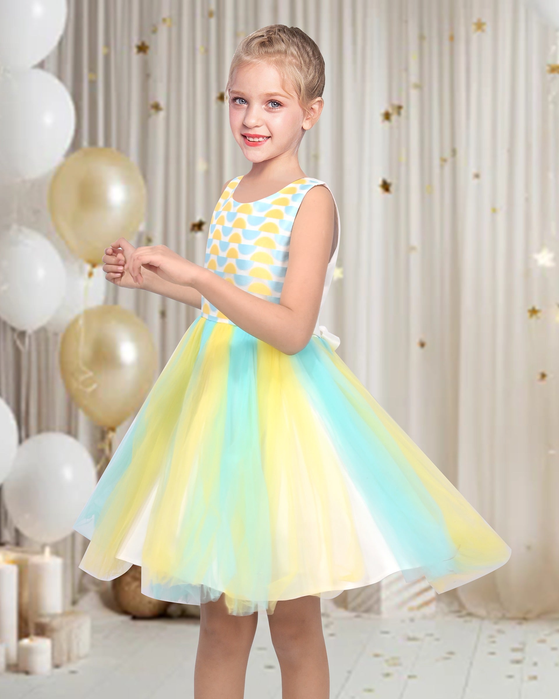 Girls Dress Sleeveless Pleated Tulle Geometric Pattern Party Wedding Casual Dress Green