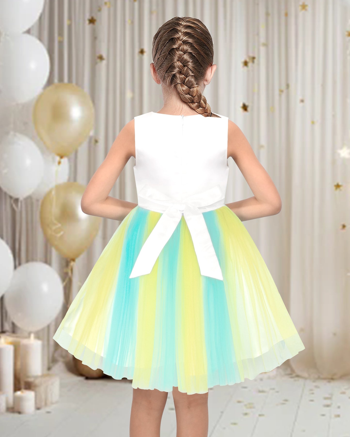 Girls Dress Sleeveless Pleated Tulle Geometric Pattern Party Wedding Casual Dress Green
