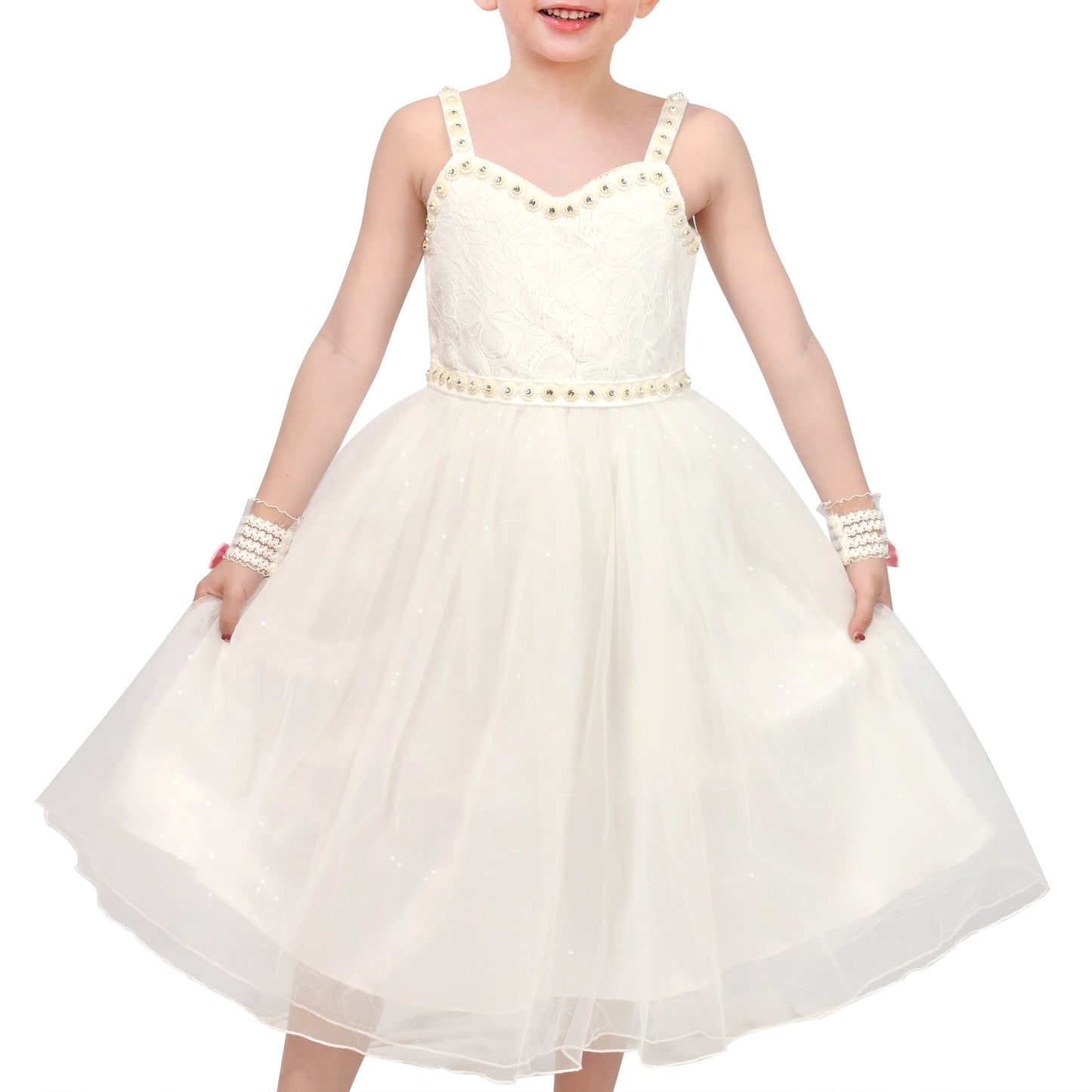 Girls Flower Applique Dress White and Blue Sleeveless Tea Length with Tulle Skirt Party Wedding Flower Girl Dress White