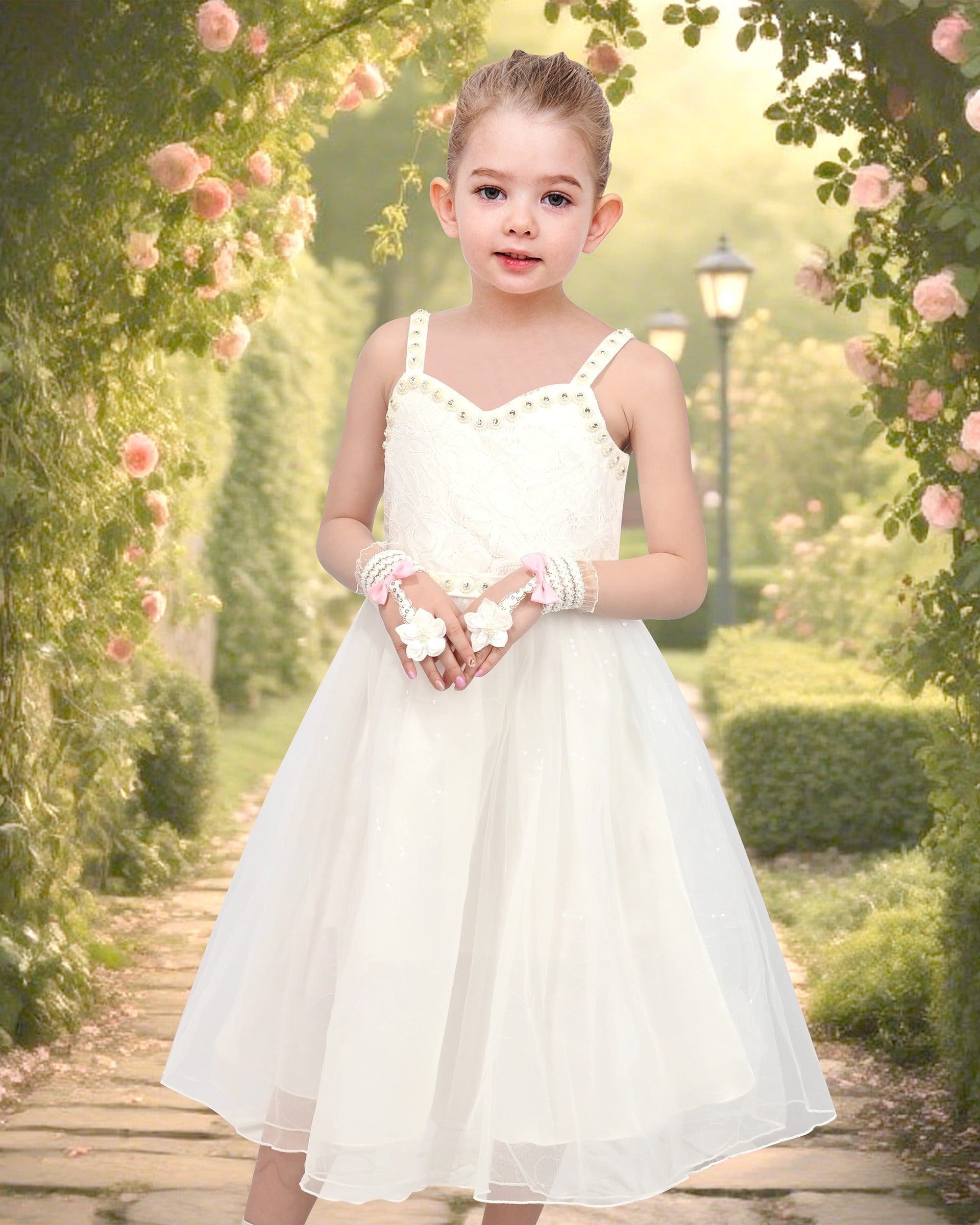 Girls Flower Applique Dress White and Blue Sleeveless Tea Length with Tulle Skirt Party Wedding Flower Girl Dress White