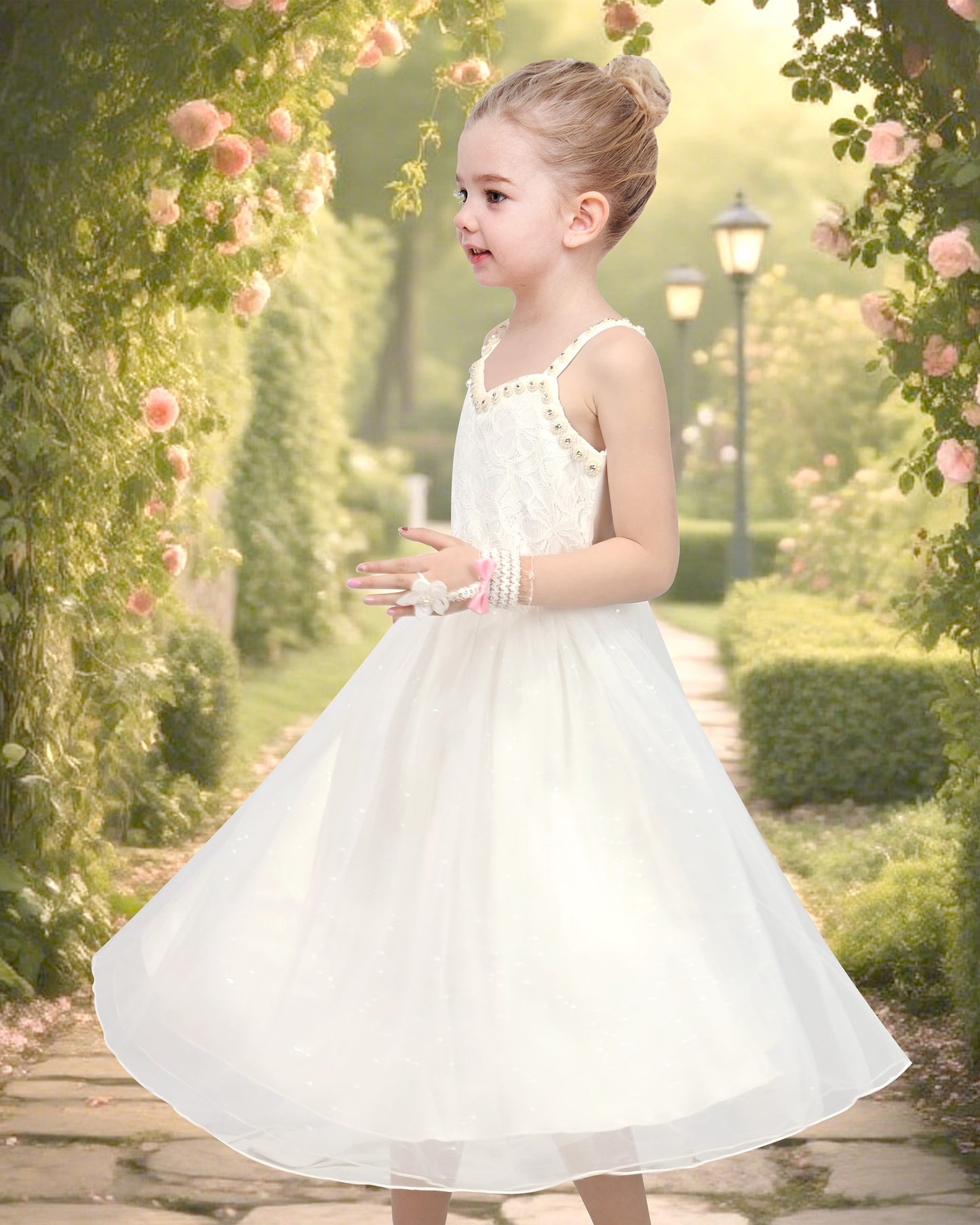 Girls Flower Applique Dress White and Blue Sleeveless Tea Length with Tulle Skirt Party Wedding Flower Girl Dress White