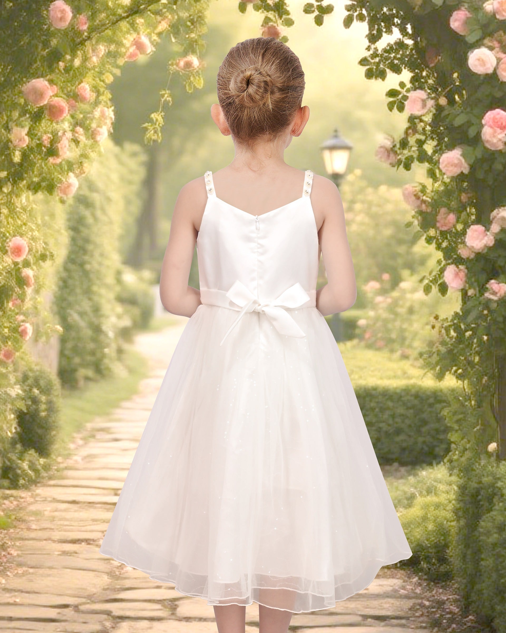 Girls Flower Applique Dress White and Blue Sleeveless Tea Length with Tulle Skirt Party Wedding Flower Girl Dress White