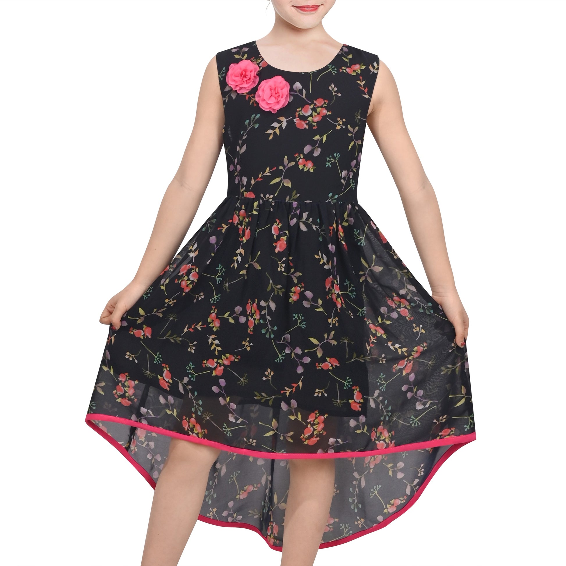 Girls Sleeveless Chiffon Dress Colorful Pencil Print with Yellow Tassel Belt Summer Casual Dresses Black