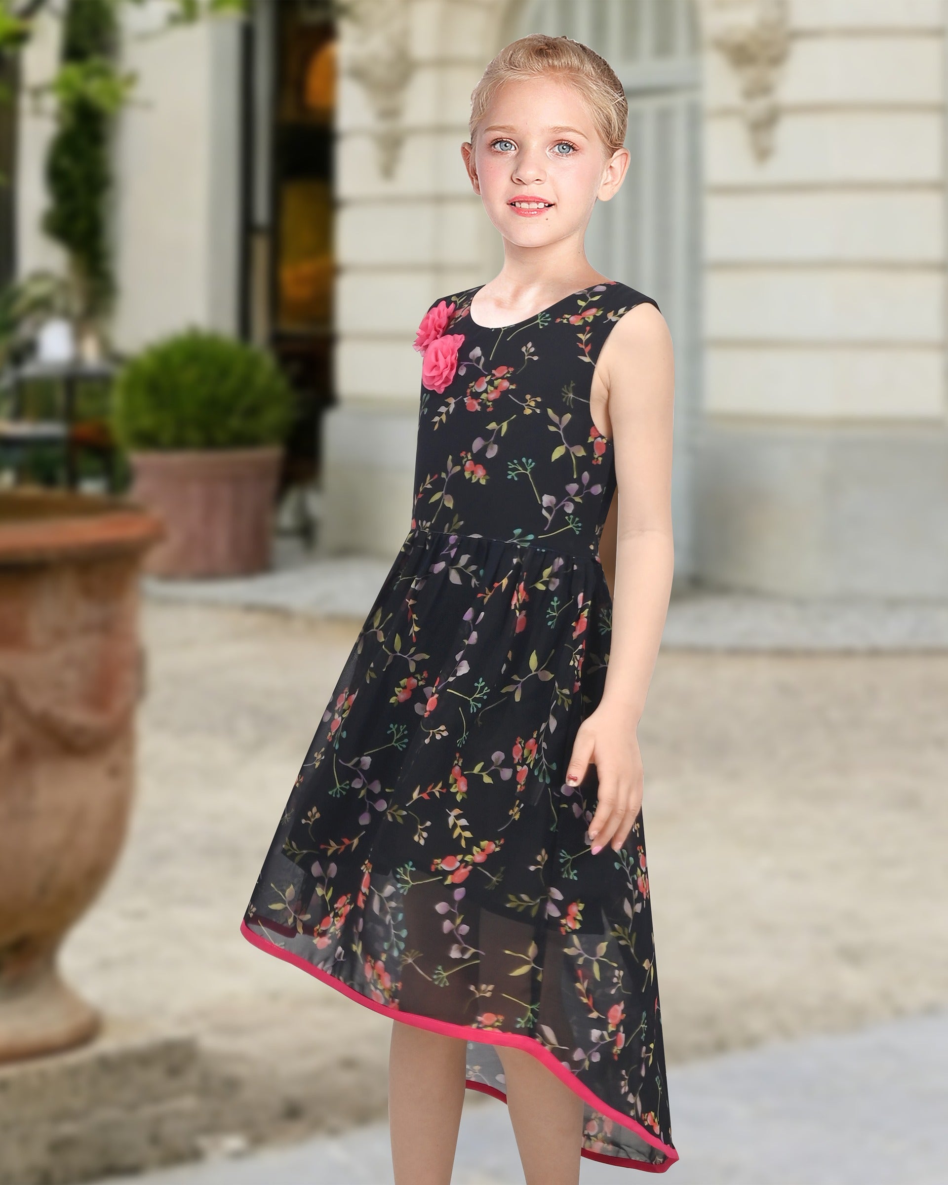 Girls Sleeveless Chiffon Dress Colorful Pencil Print with Yellow Tassel Belt Summer Casual Dresses Black