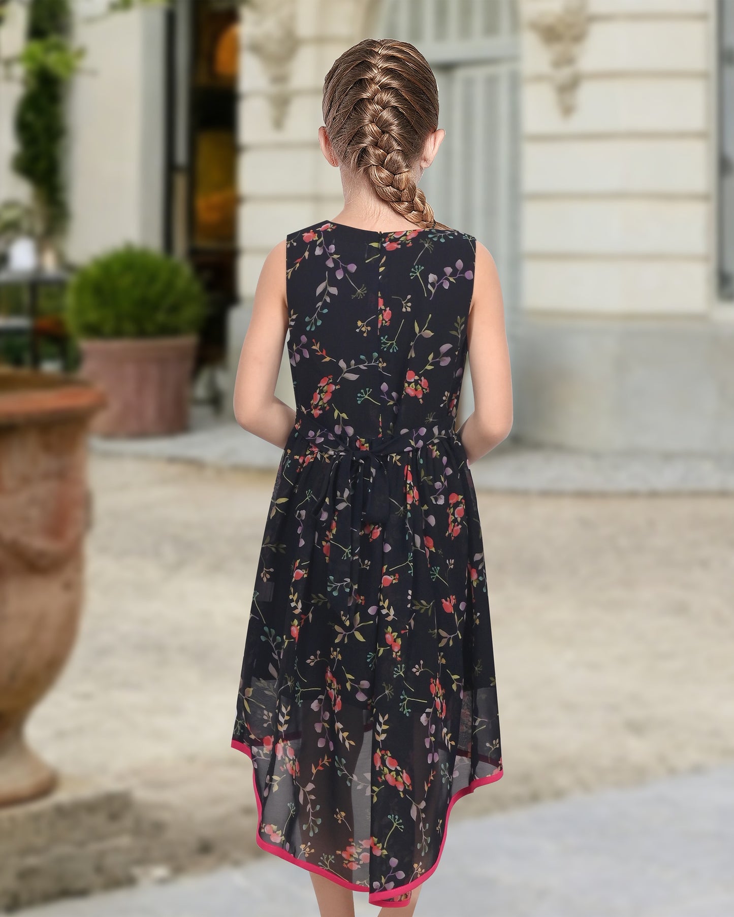 Girls Sleeveless Chiffon Dress Colorful Pencil Print with Yellow Tassel Belt Summer Casual Dresses Black