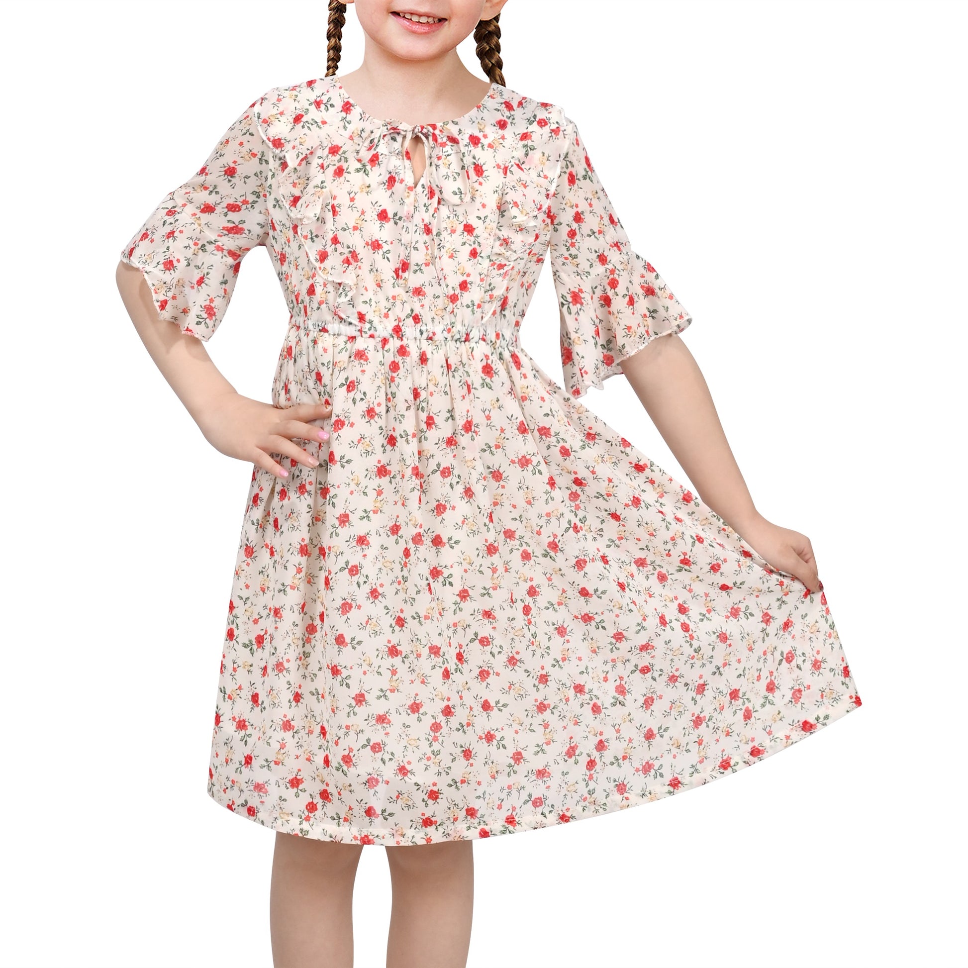 Girls Chiffon Dress Floral Bird Print Short Flutter Sleeve Casual Summer Dresses Beige