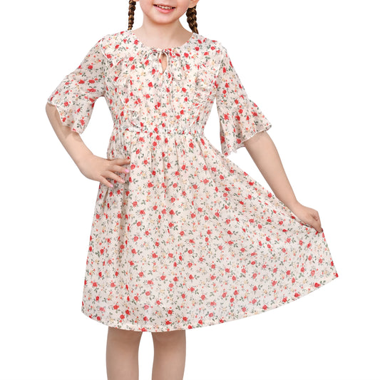 Girls Chiffon Dress Floral Bird Print Short Flutter Sleeve Casual Summer Dresses Beige