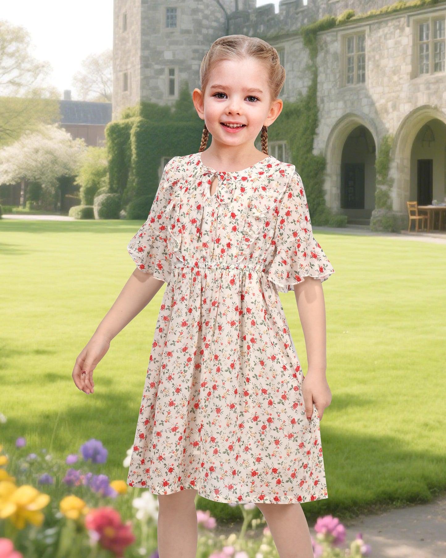 Girls Chiffon Dress Floral Bird Print Short Flutter Sleeve Casual Summer Dresses Beige