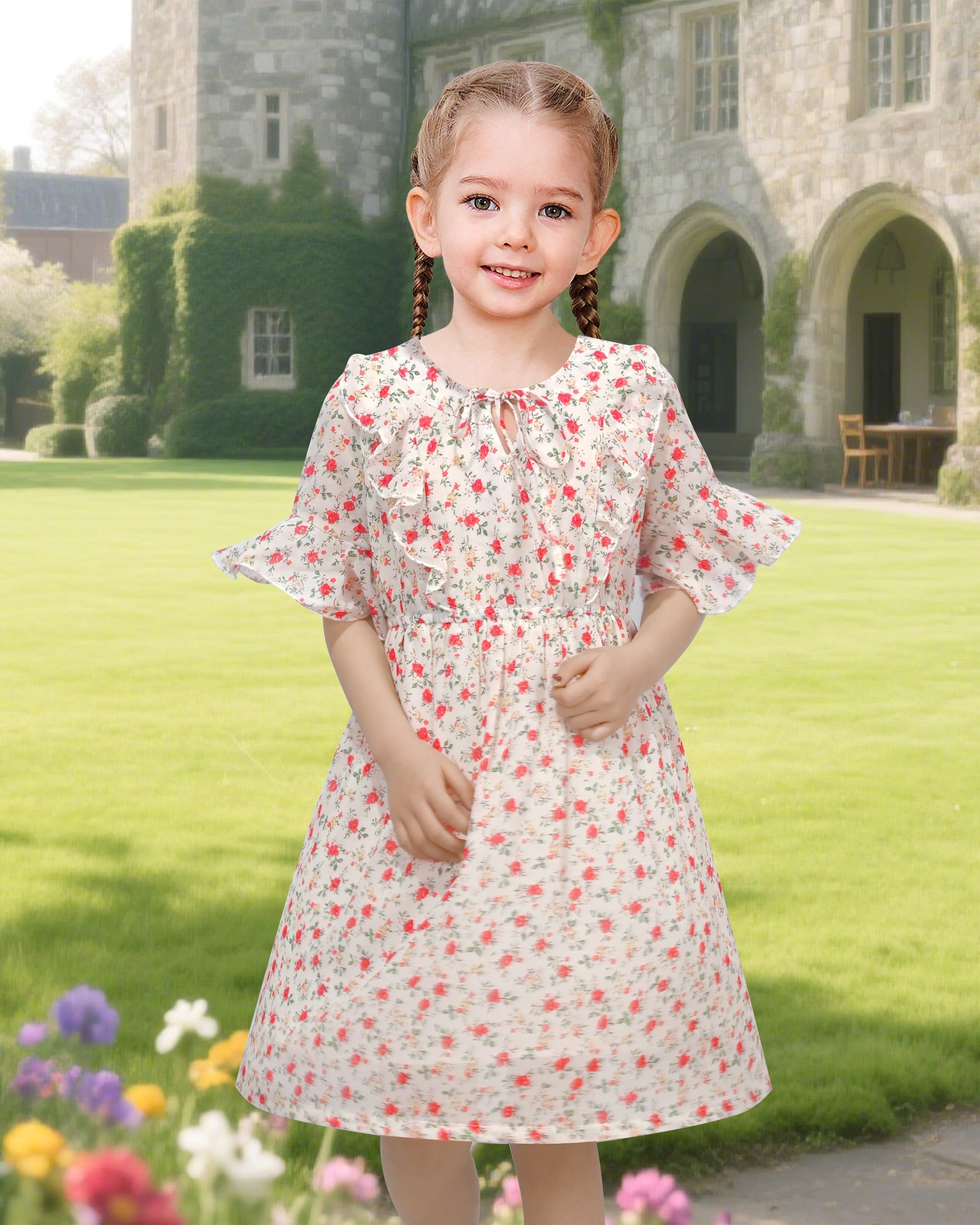 Girls Chiffon Dress Floral Bird Print Short Flutter Sleeve Casual Summer Dresses Beige