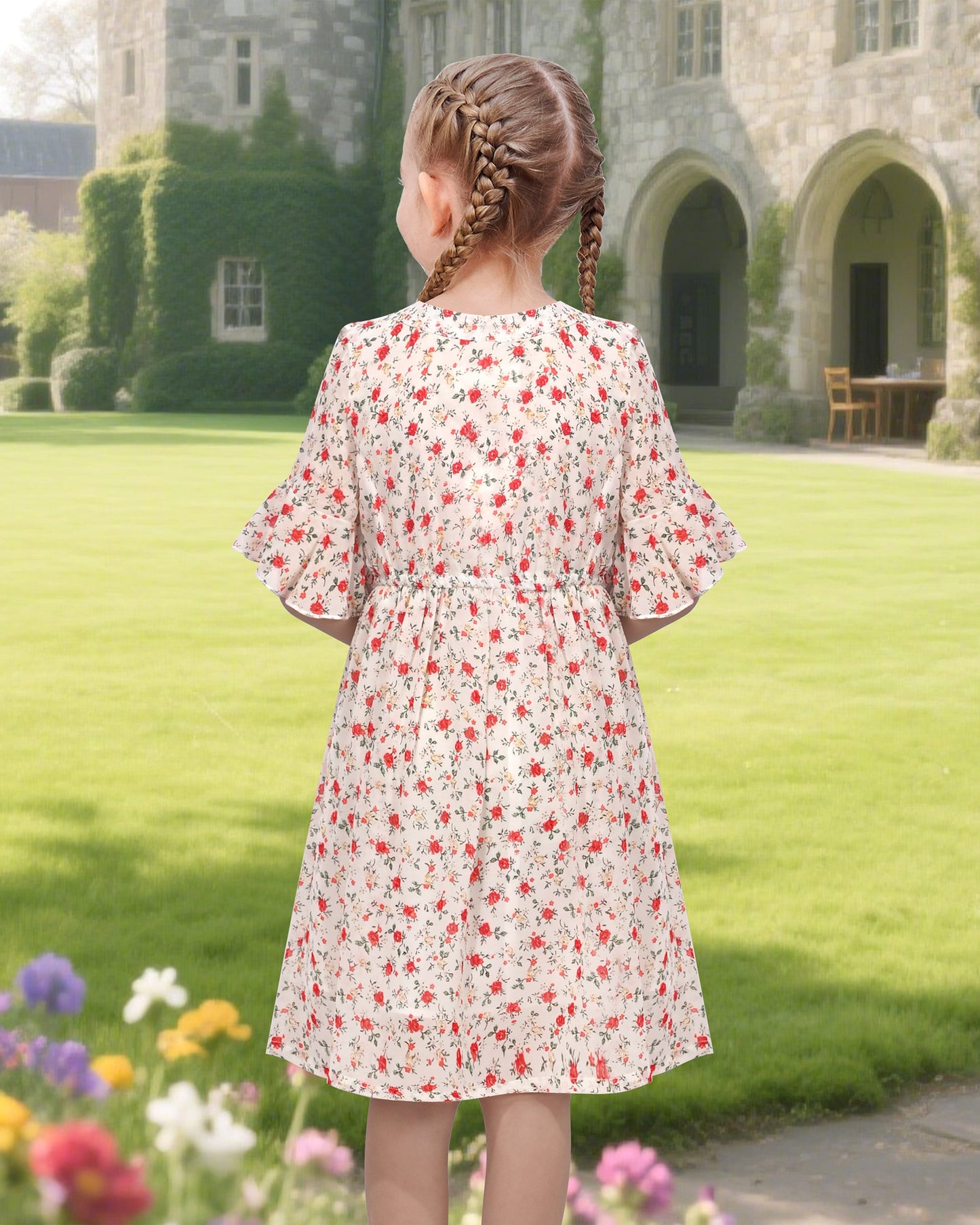 Girls Chiffon Dress Floral Bird Print Short Flutter Sleeve Casual Summer Dresses Beige