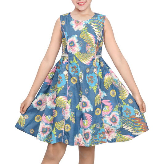 Girls Sleeveless Floral Print Cotton Dress Blue Casual Summer Dresses Blue