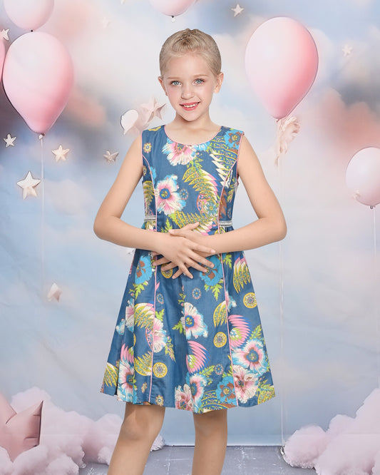 Girls Sleeveless Floral Print Cotton Dress Blue Casual Summer Dresses Blue