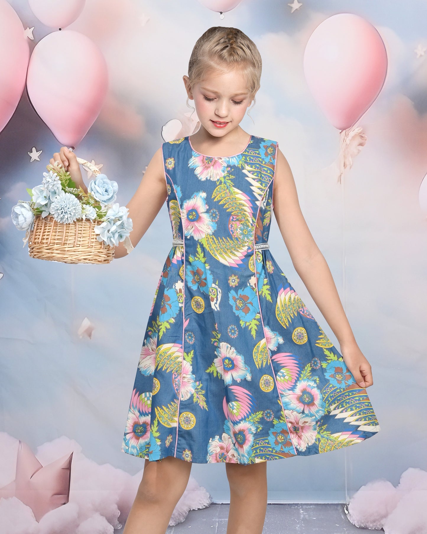 Girls Sleeveless Floral Print Cotton Dress Blue Casual Summer Dresses Blue