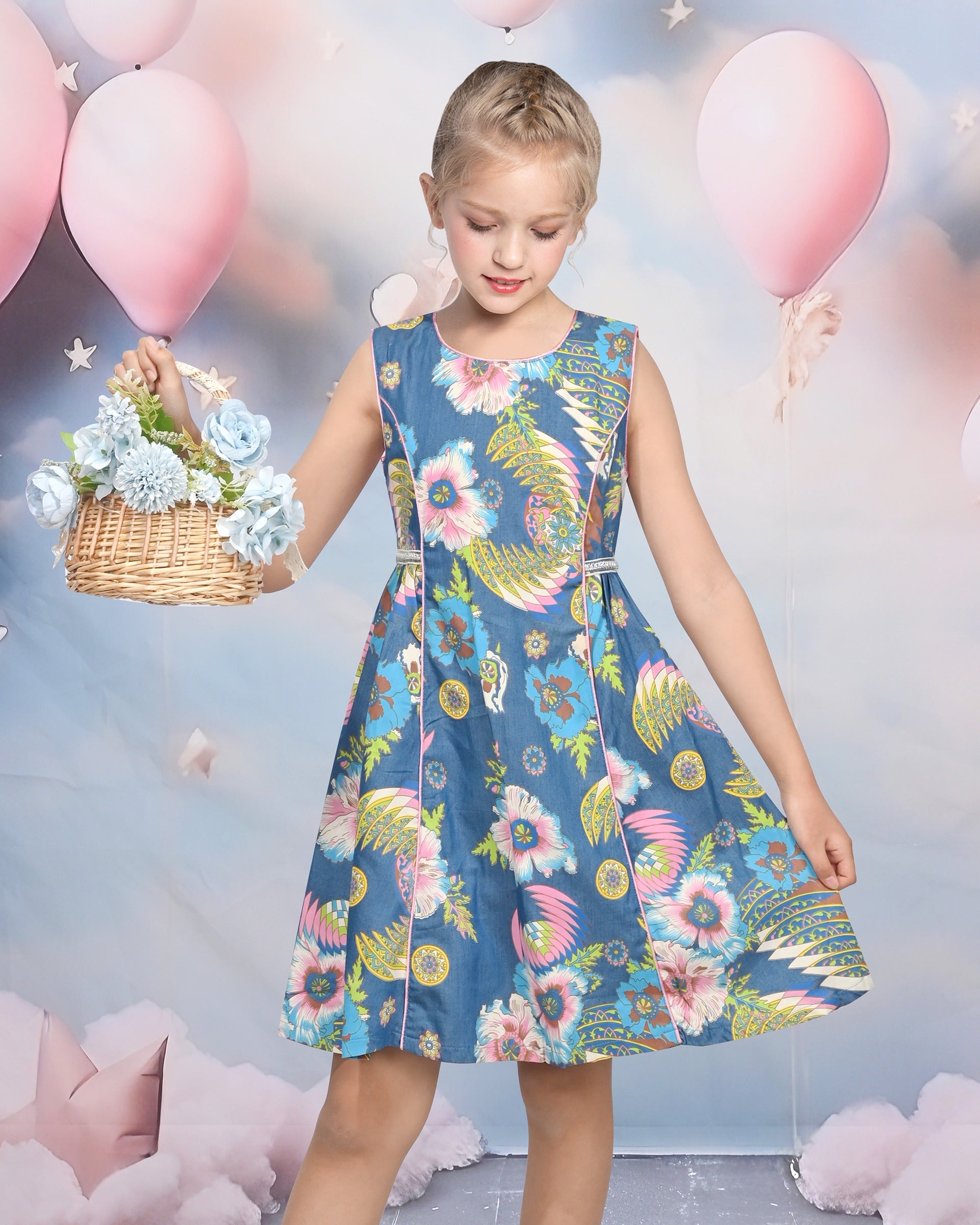 Girls Sleeveless Floral Print Cotton Dress Blue Casual Summer Dresses Blue