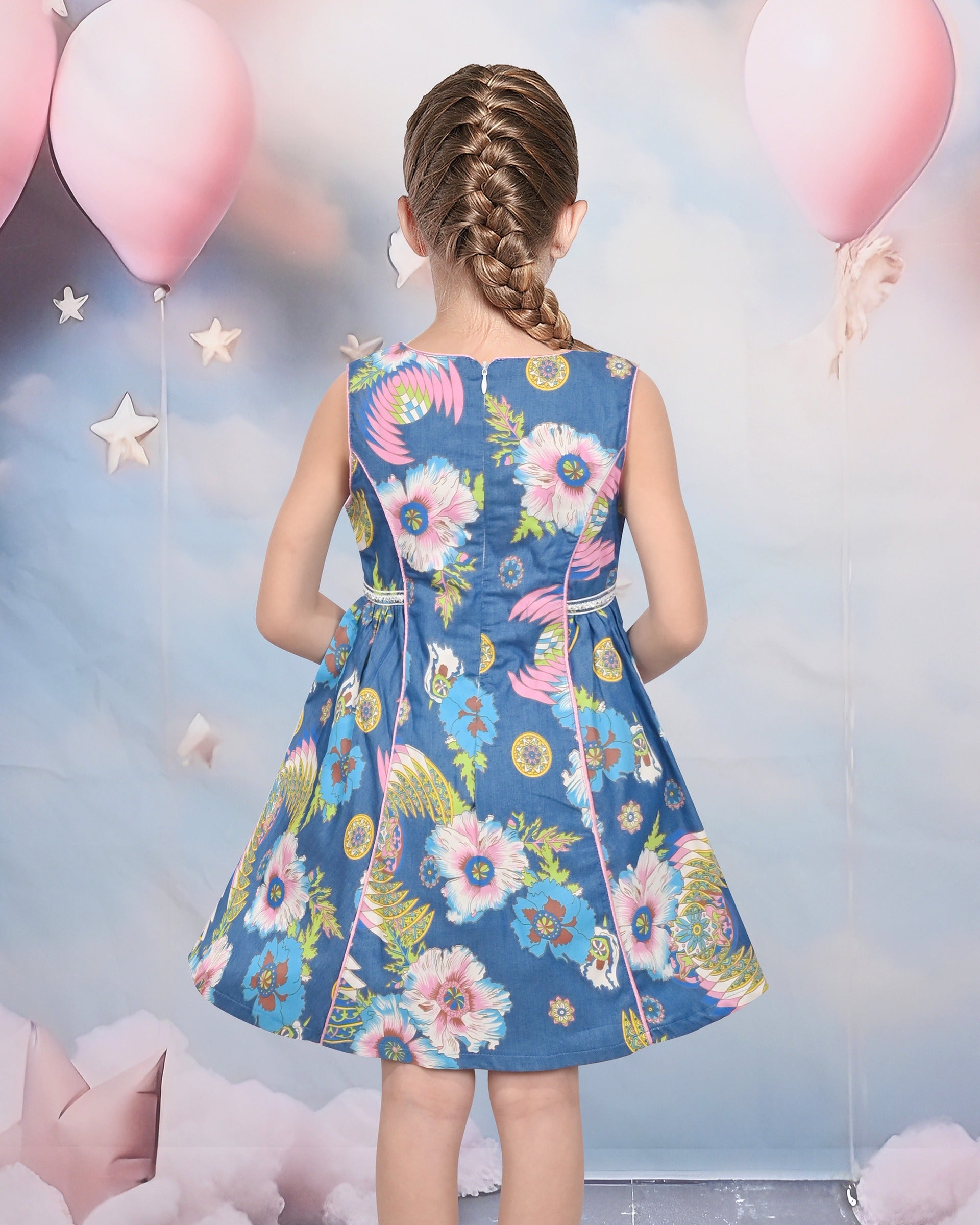 Girls Sleeveless Floral Print Cotton Dress Blue Casual Summer Dresses Blue