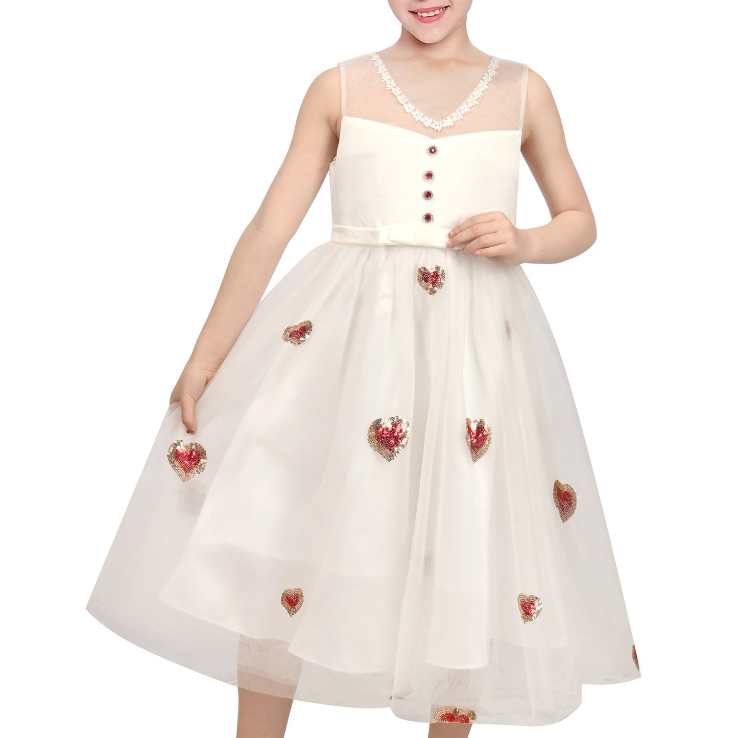 Girls Flower Applique Dress White and Blue Sleeveless Tea Length with Tulle Skirt Party Wedding Flower Girl Dress White