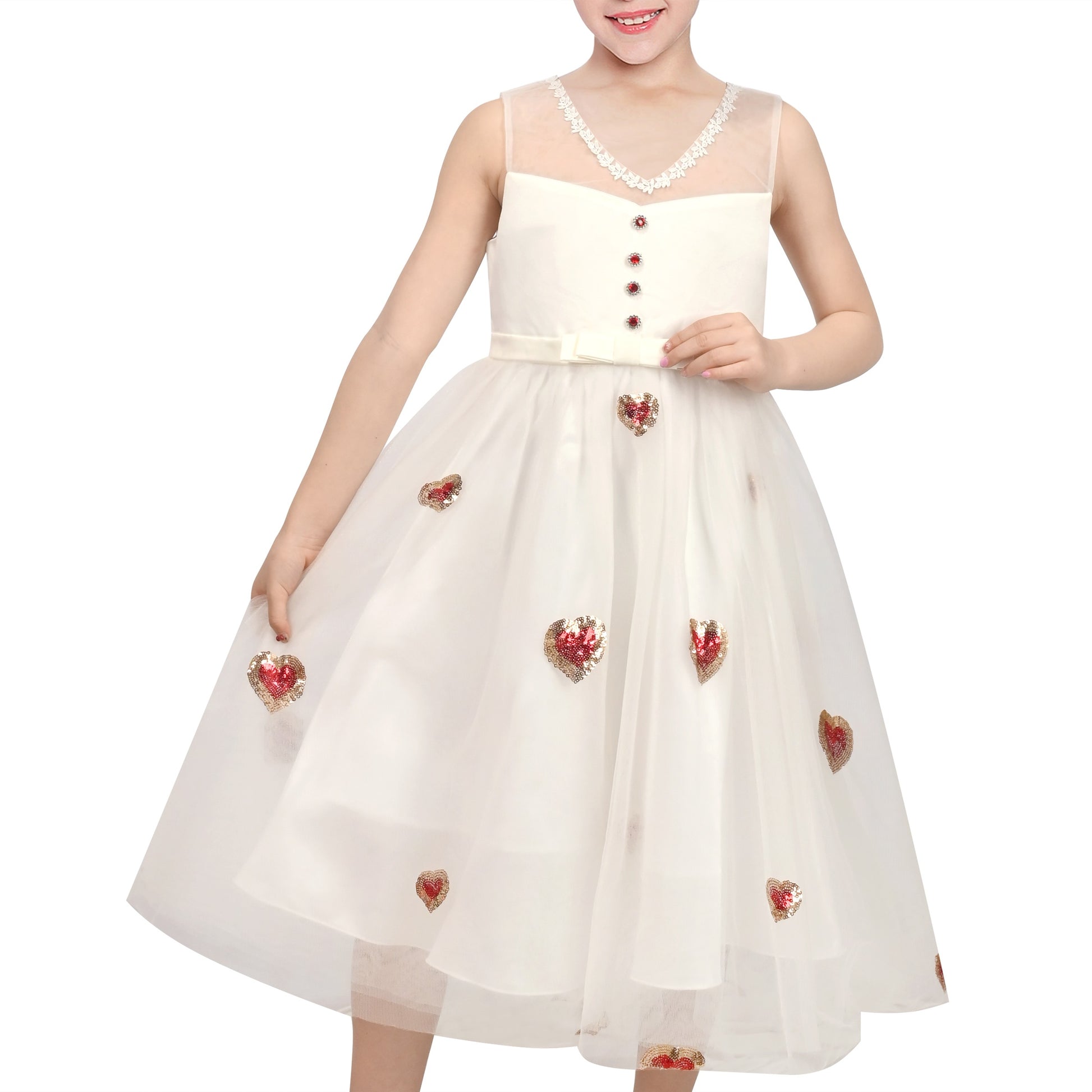 Girls Flower Applique Dress White and Blue Sleeveless Tea Length with Tulle Skirt Party Wedding Flower Girl Dress White