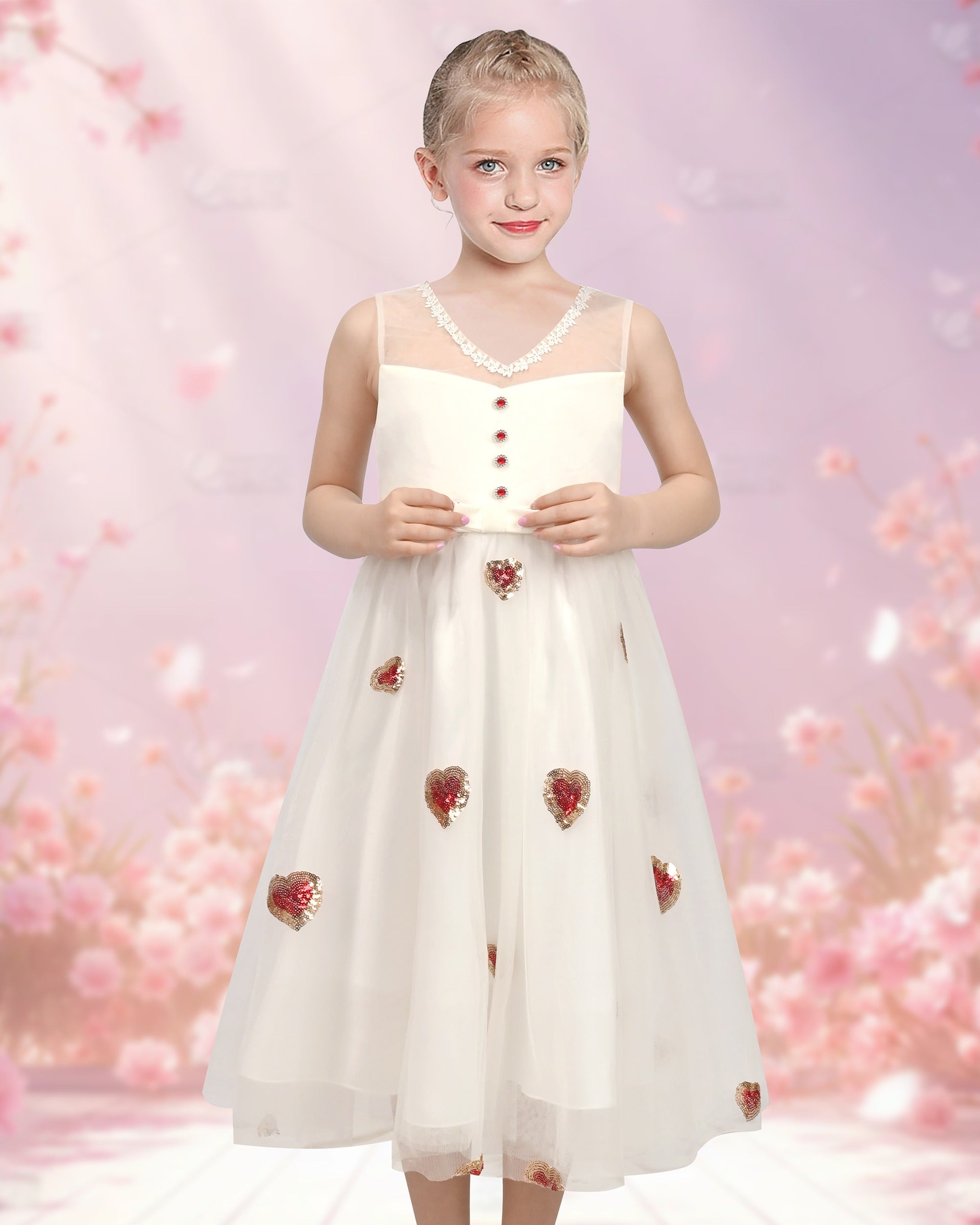 Girls Flower Applique Dress White and Blue Sleeveless Tea Length with Tulle Skirt Party Wedding Flower Girl Dress White