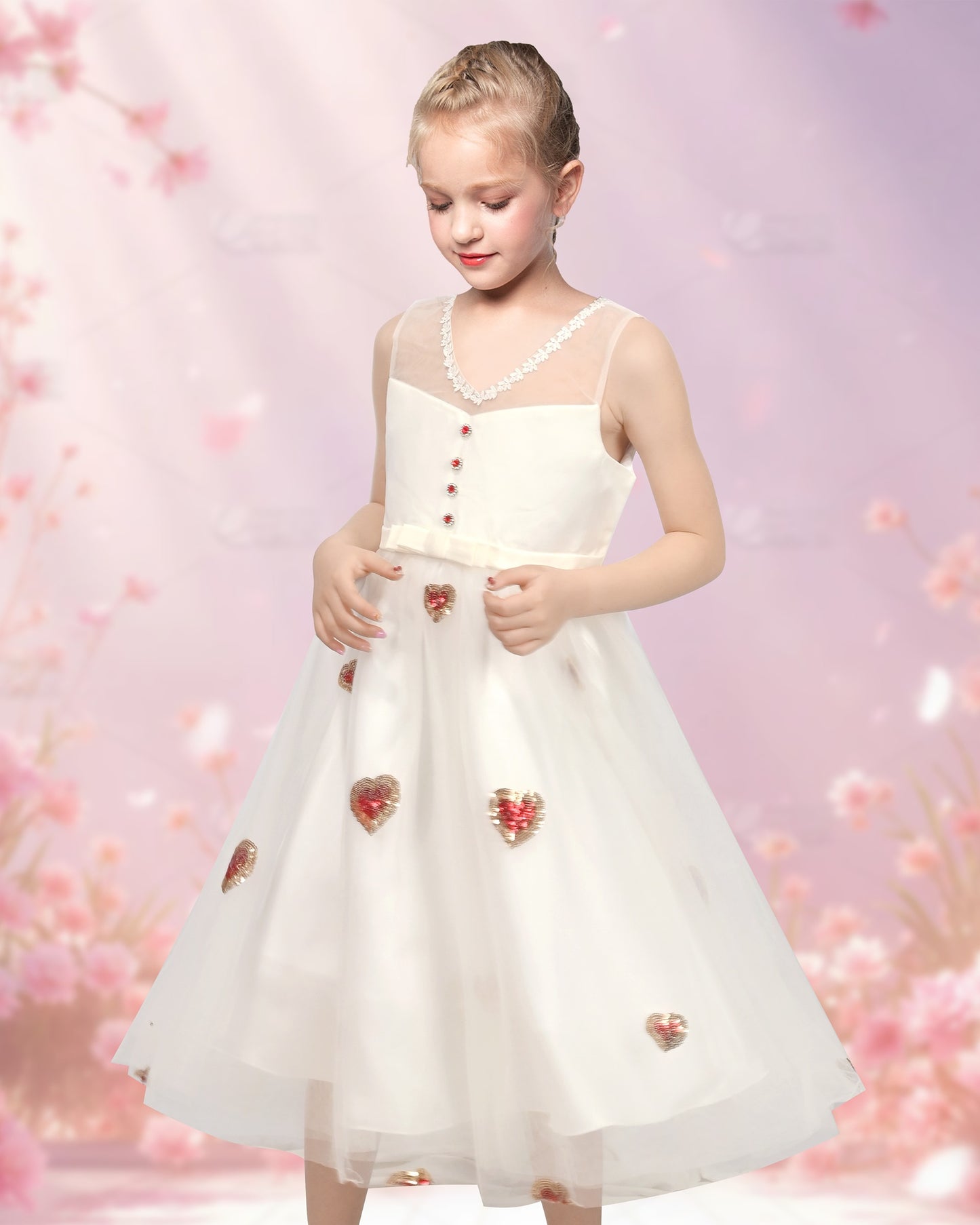 Girls Flower Applique Dress White and Blue Sleeveless Tea Length with Tulle Skirt Party Wedding Flower Girl Dress White