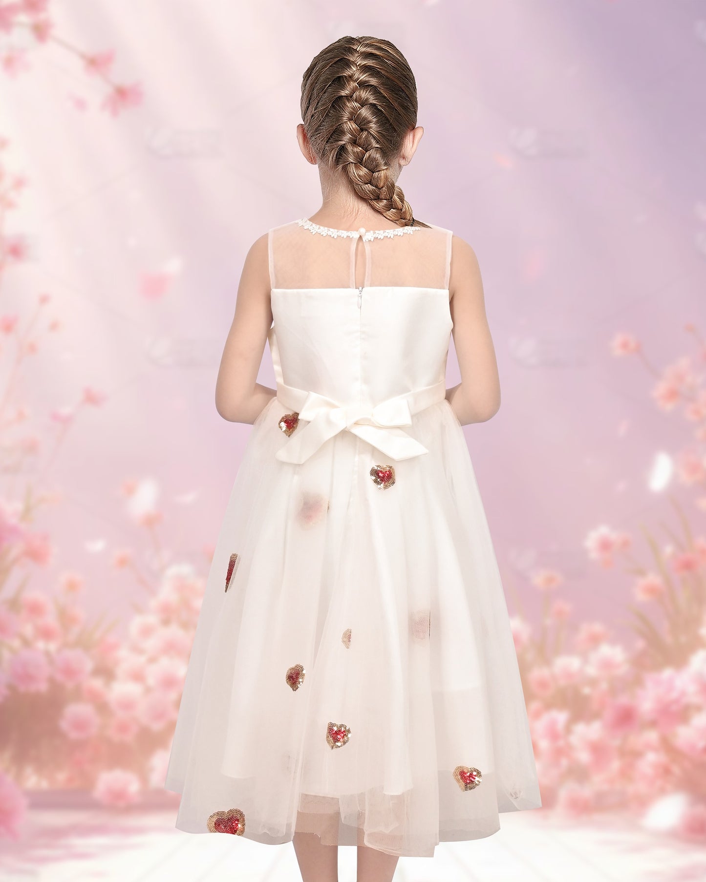 Girls Flower Applique Dress White and Blue Sleeveless Tea Length with Tulle Skirt Party Wedding Flower Girl Dress White