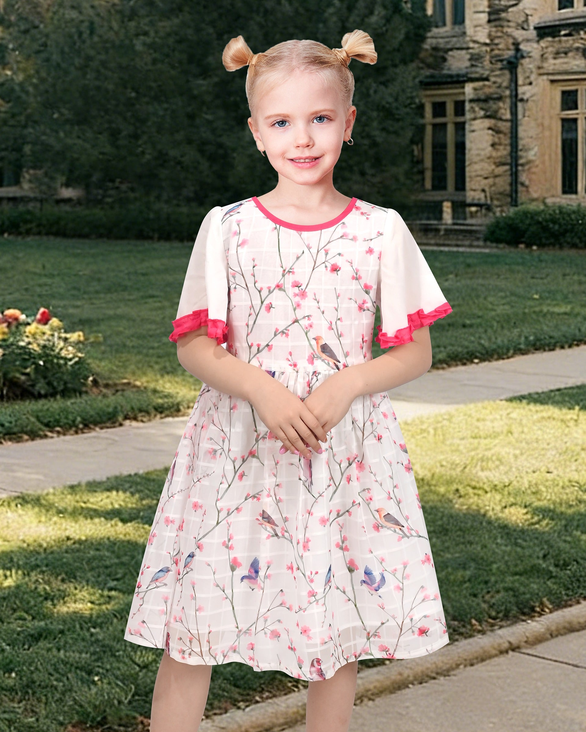 Girls Chiffon Dress Floral Bird Print Short Flutter Sleeve Casual Summer Dresses Beige