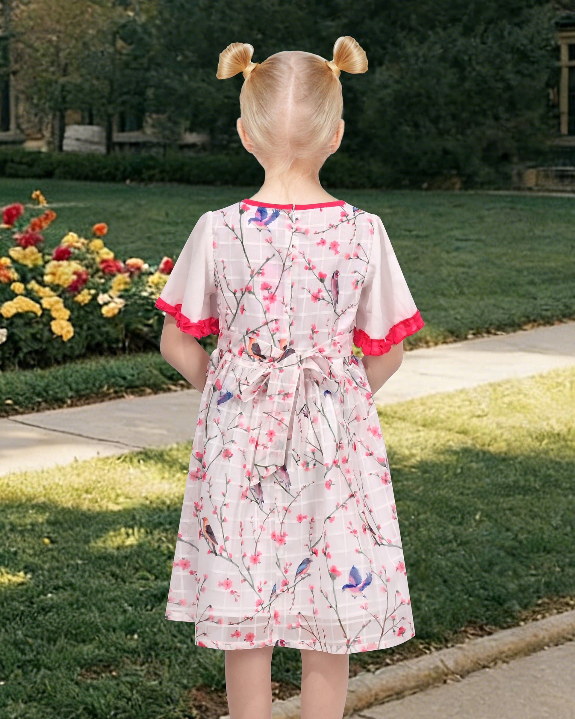 Girls Chiffon Dress Floral Bird Print Short Flutter Sleeve Casual Summer Dresses Beige