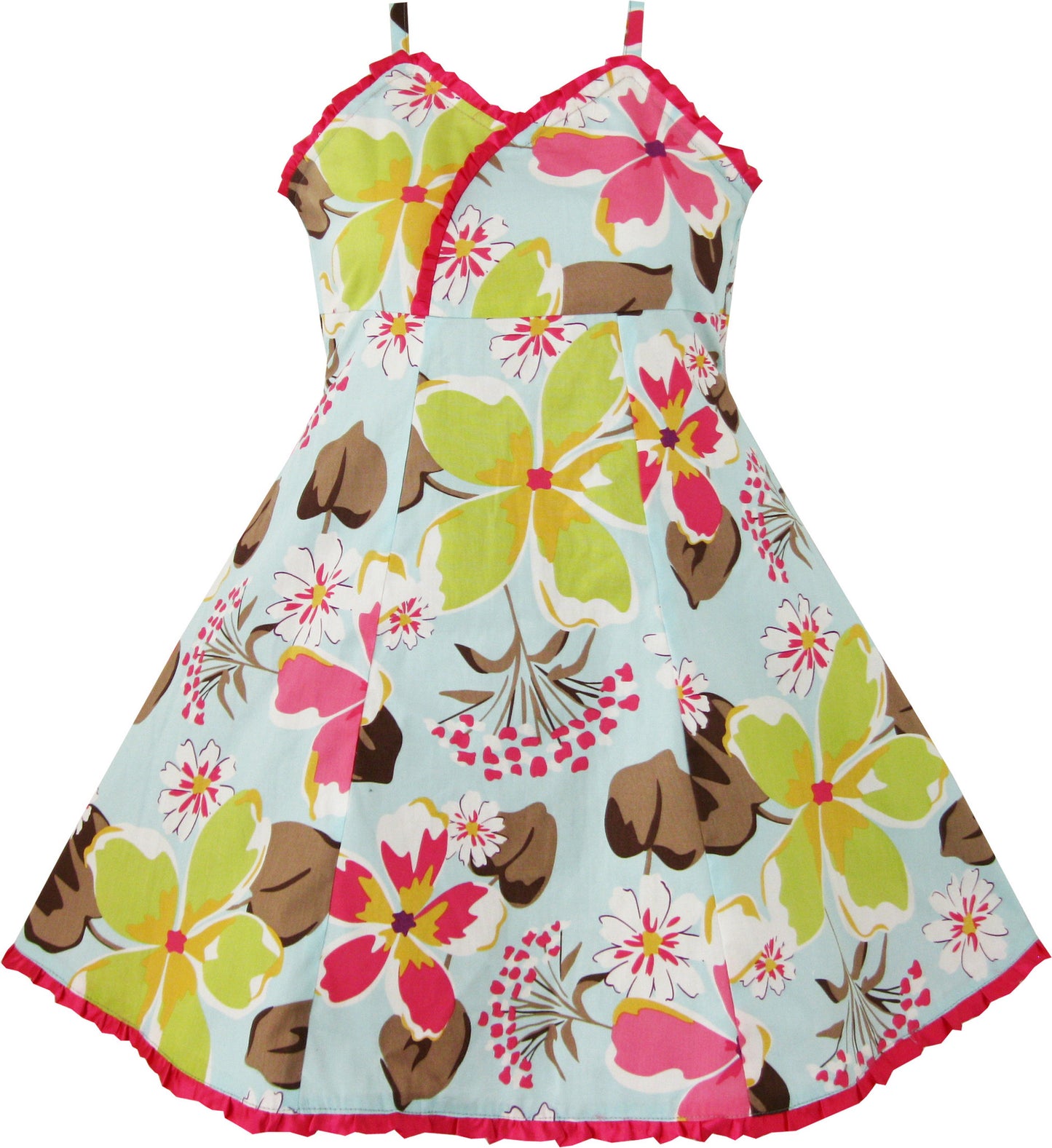 Girls Dress Pink Trim Blue Flower Print Princess Christmasren Size 4-12 Years
