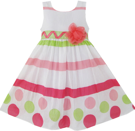 Girls Dress Dot Strip White Green Princess Birthday Size 5-8 Years