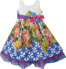 Girls Dress Blue Flower Print Detailed Trim Kids Clothing Size 2-8 Years
