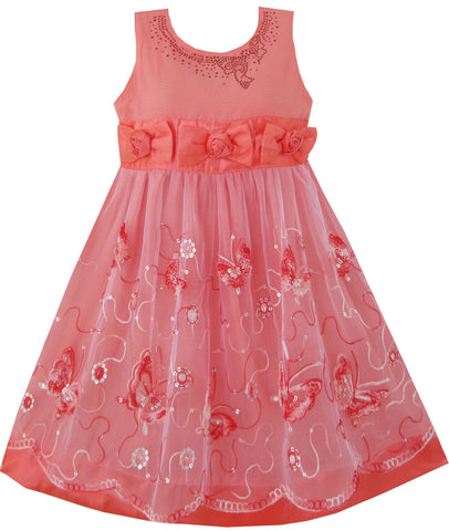 Girls Dress Shinning Butterfly Watermelon Pageant Wedding Size 3-6 Years