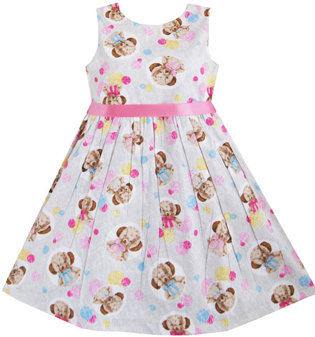 Kids Girls Bear Print Dress School Size 2-10 Years Grey