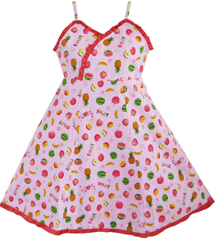 Kids Girls Fruit Print Dress Hem Trimmed Party Princess Size 4-12 Years Pink