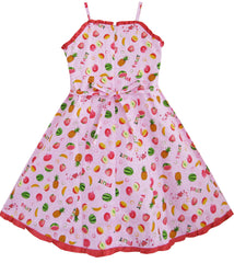 Kids Girls Fruit Print Dress Hem Trimmed Party Princess Size 4-12 Years Pink