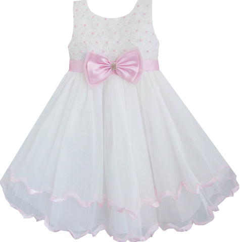 Girls Dress White Pearl Rose Bow Tie Wedding Pageant Layers Size 2-10 Years