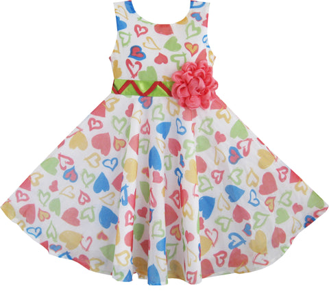 Girls Dress Colorful Heart Print Flower Tie Size 4-12 Years